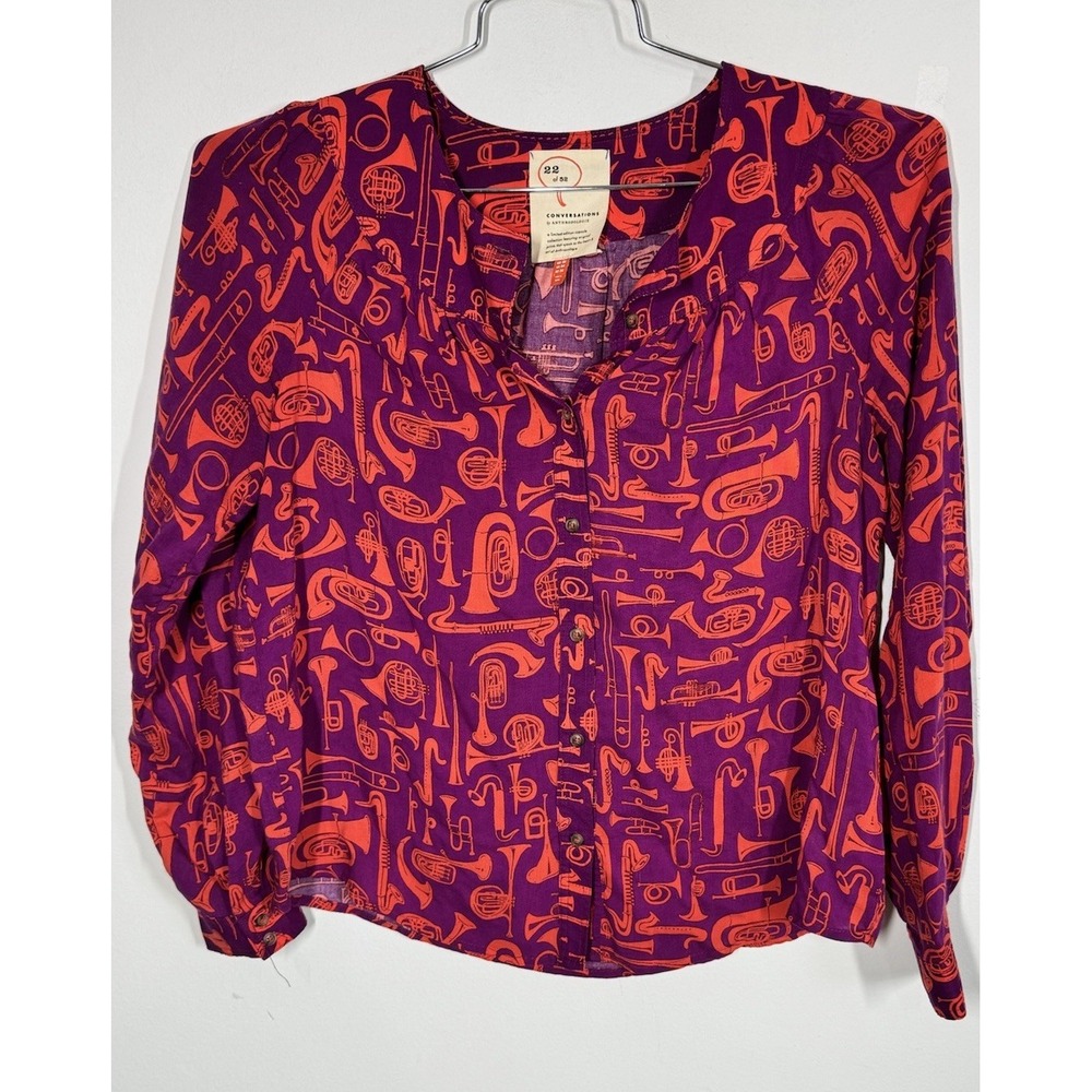 22 Of 52 Conversations Anthropologie Shirt Musical Instrument Print Artsy Sz 4